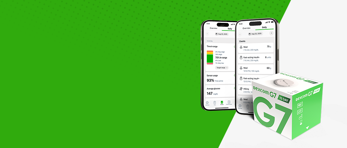 Dexcom G7 15 Day CGM box with sensors and app shown on a smartphone