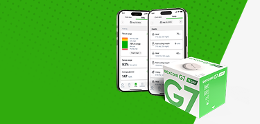 Dexcom G7 15 Day CGM box with sensors and app shown on a smartphone